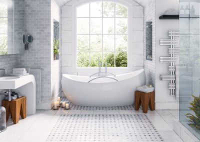 Beautiful bathroom in new luxury home with glass shower stall
