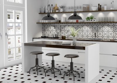 Granite Countertop in a white and black tiled room