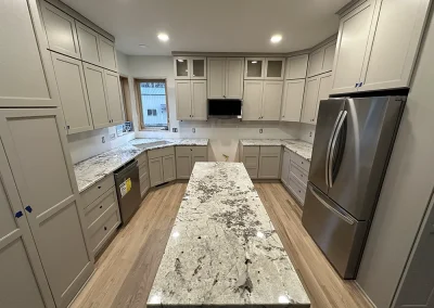 modern kitchen grey cabinets stone island pine springs mn