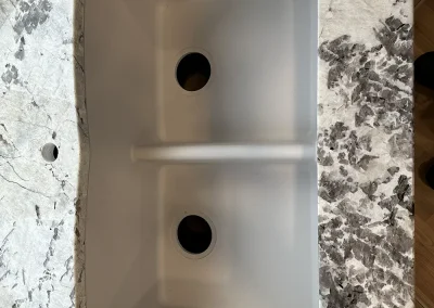 white double bowl undermount sink stone counter pine springs