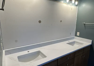 wood double vanity with white stone countertop viking wi